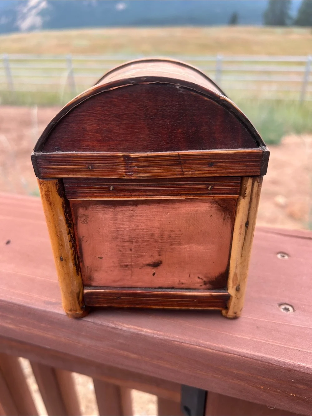 Vintage Bamboo Wood Trinket Box with Copper and Silver-Tone Accents.